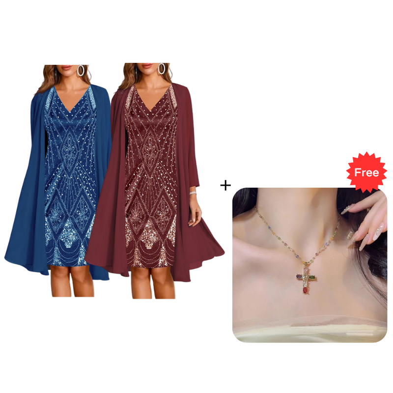 🔥Limited-Time Offer-Women's Long-Sleeve Printed Dress & Cardigan 2 Piece Set