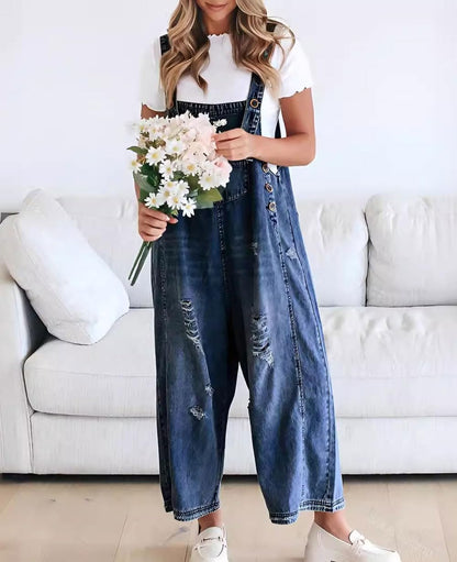 🔥Limited time sale 49% OFF💕Women's Cute Casual Button Jumpsuit Ripped Denim Overalls