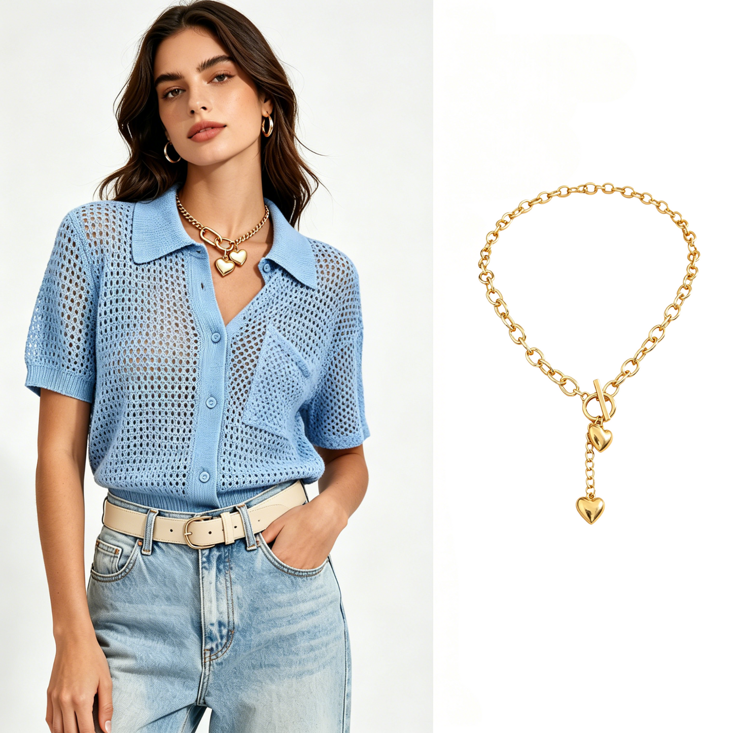 🔥50% OFF！ 🧶Women Short Sleeve Knit Button Shirt Free Gift Necklace