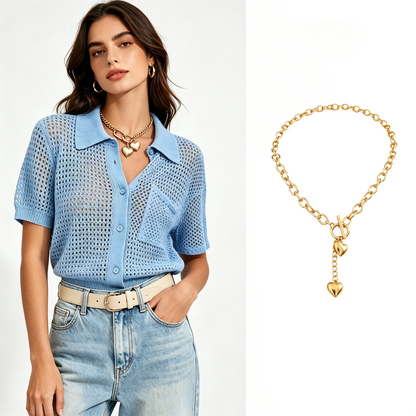 🔥50% OFF！ 🧶Women Short Sleeve Knit Button Shirt Free Gift Necklace