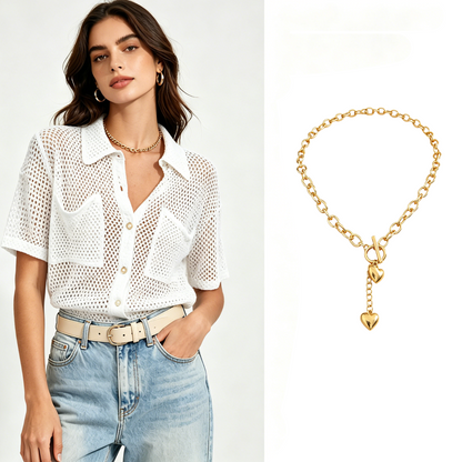 🔥50% OFF！ 🧶Women Short Sleeve Knit Button Shirt Free Gift Necklace
