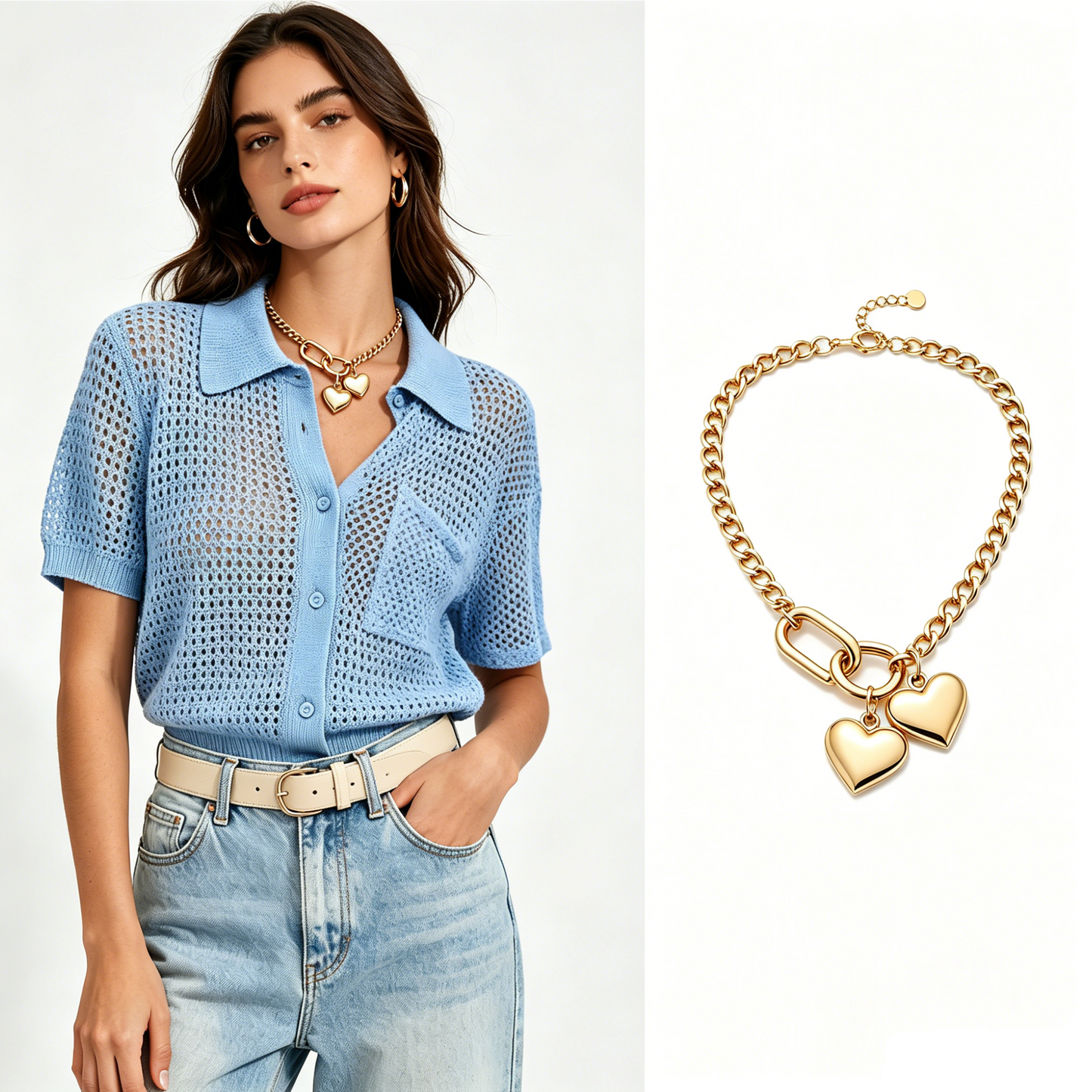 🔥50% OFF！ 🧶Women Short Sleeve Knit Button Shirt Free Gift Necklace