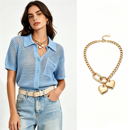 🔥50% OFF！ 🧶Women Short Sleeve Knit Button Shirt Free Gift Necklace