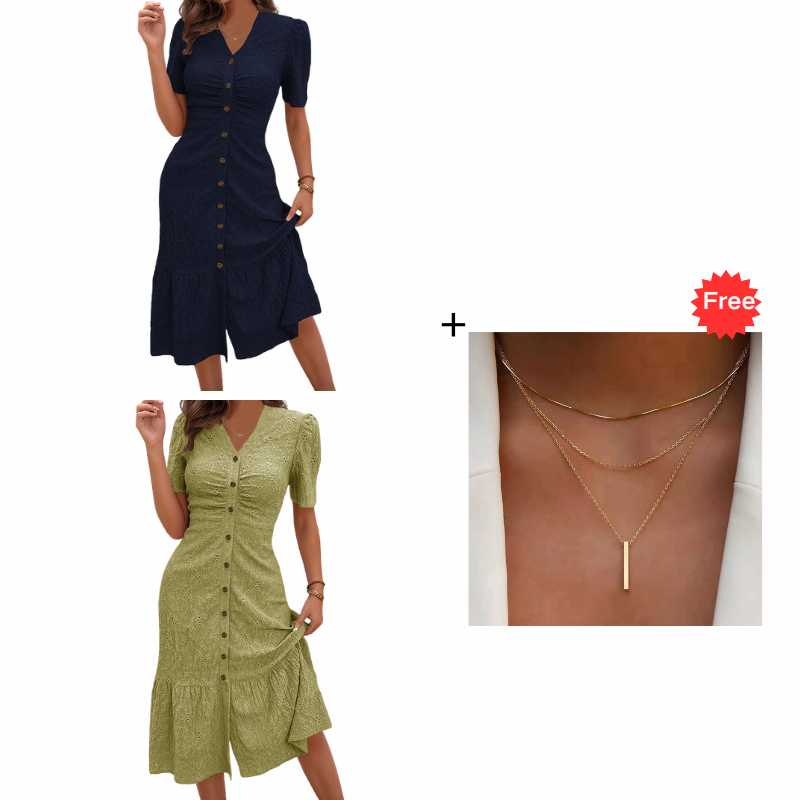 🔥LAST DAY 50% OFF🌞💃Women's Button-Up V-Neck Short Sleeve Midi Dress