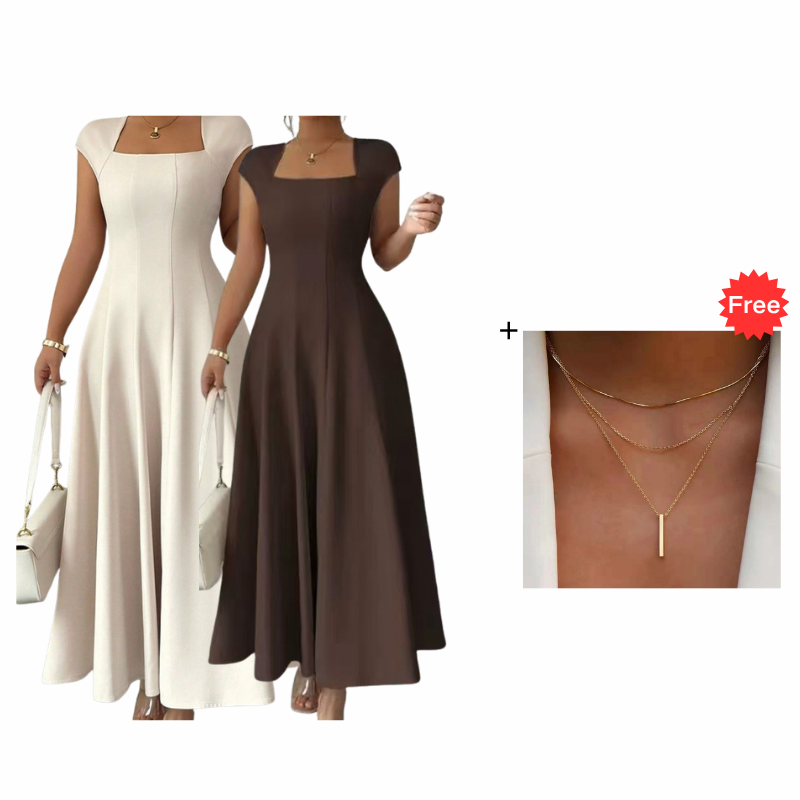 ⌛Limited-Time Offer-Women Elegant Square Neck A Line Dress Slim Fit Long Dress