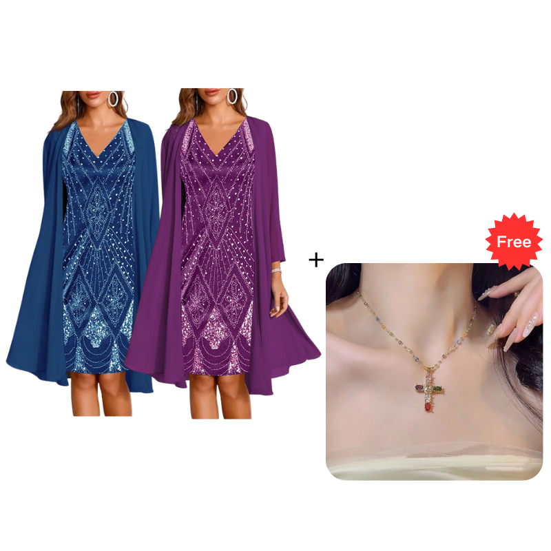 🔥Limited-Time Offer-Women's Long-Sleeve Printed Dress & Cardigan 2 Piece Set