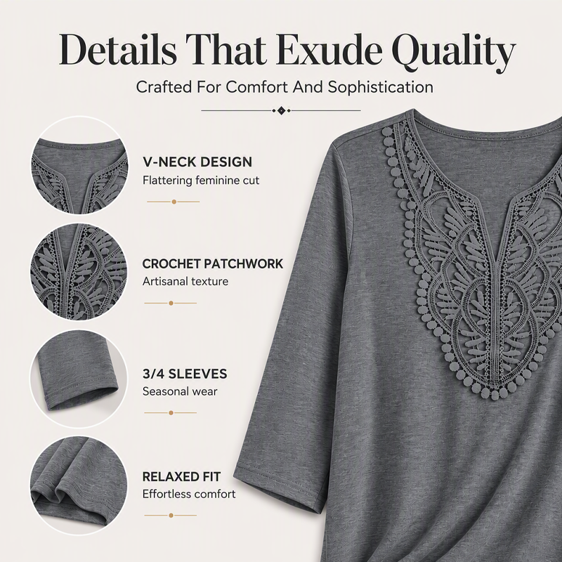 ☀️👚Top Pick - Lace-Trim V-Neck Blouse – Breathable Fabric & Flattering Drape for Work or Weekend 🌿
