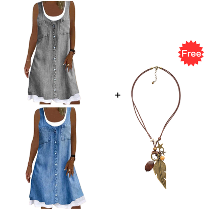 👗☀️Women's Faux Two-Piece Denim Print Dress - Throw It On And Look Instantly Put Together✨