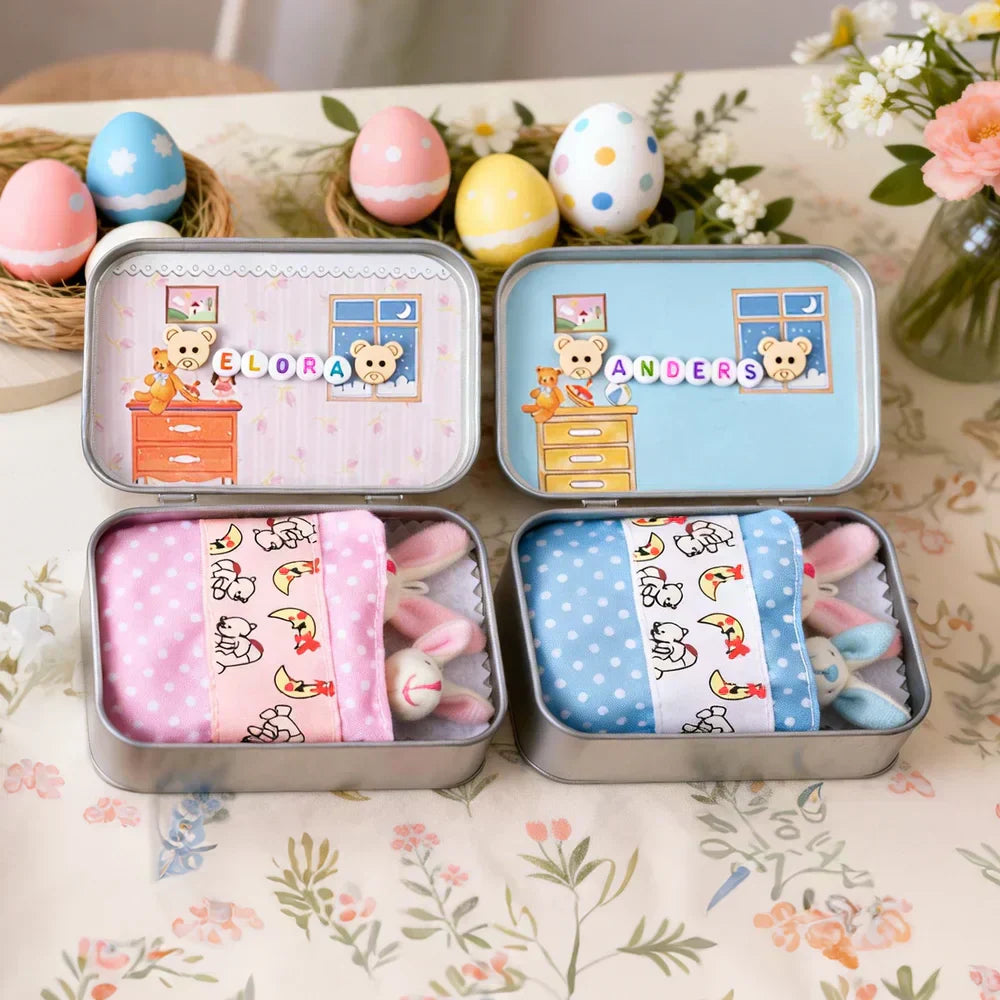 💎 50% OFF! 💎 Bunny Mummy & Baby Plush Pocket Tin – Handmade Easter Collectible with Cozy Blanket (Pink/Blue Ears) 🐇🎁