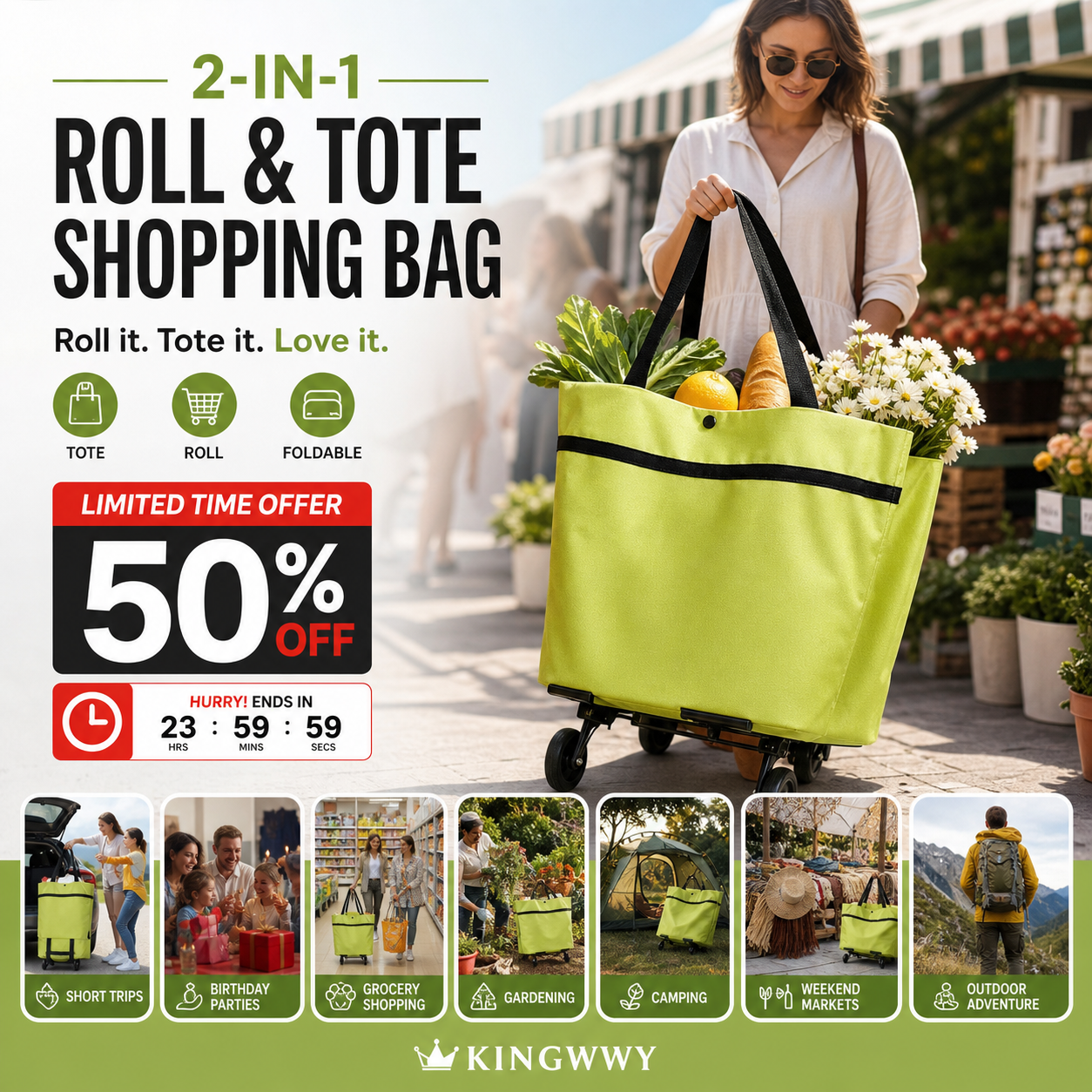 🔥Limited Offer $26.8!!⚡50K+ SOLD!🛍️2-in-1 Convertible shopping tote – hides wheels, holds 20kg, expands with zipper!