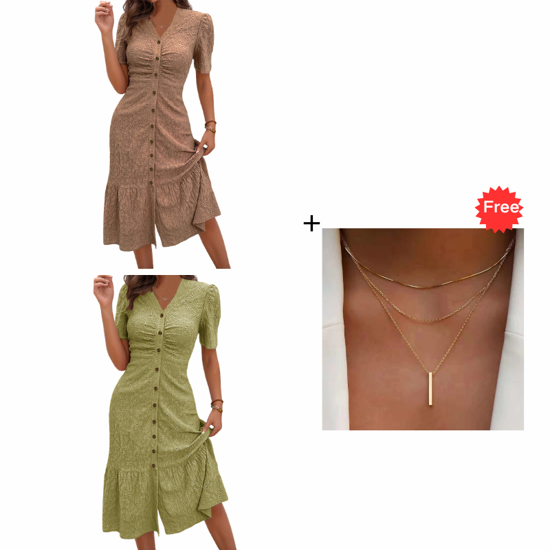 🔥LAST DAY 50% OFF🌞💃Women's Button-Up V-Neck Short Sleeve Midi Dress