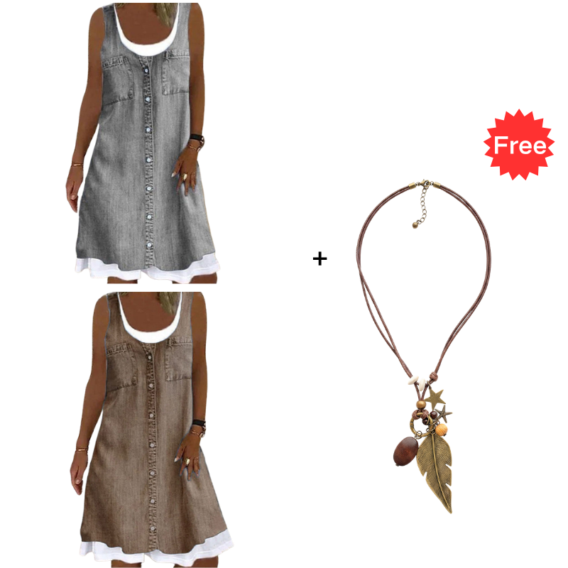 👗☀️Women's Faux Two-Piece Denim Print Dress - Throw It On And Look Instantly Put Together✨