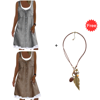 👗☀️Women's Faux Two-Piece Denim Print Dress - Throw It On And Look Instantly Put Together✨