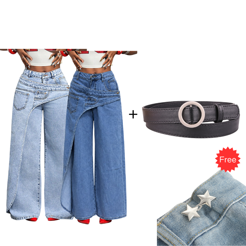 ⌛Limited-Time Offer-Women's Asymmetrical Waist Wide Leg Jeans.