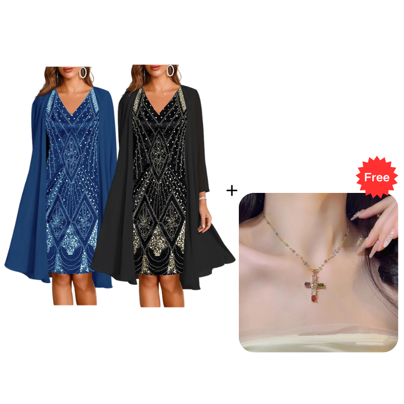 🔥Limited-Time Offer-Women's Long-Sleeve Printed Dress & Cardigan 2 Piece Set
