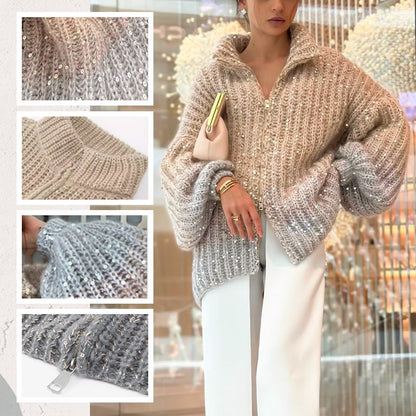 🎅Early Xmas Sales - 50% OFF🎄Fashion Sequin Full-Zipper Knit Sweater for Women - Free Shipping