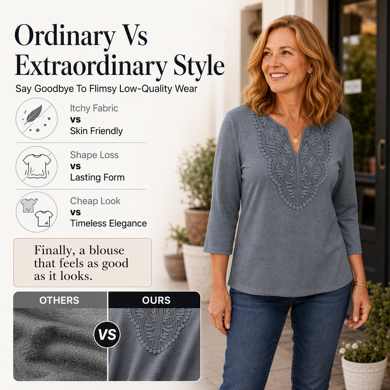 ☀️👚Top Pick - Lace-Trim V-Neck Blouse – Breathable Fabric & Flattering Drape for Work or Weekend 🌿