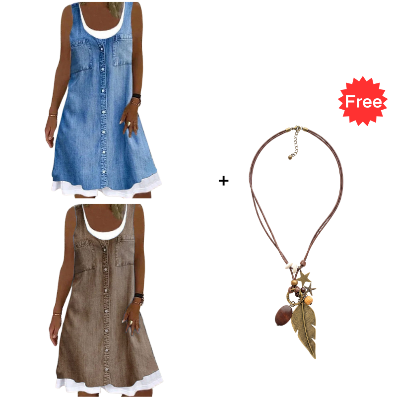 👗☀️Women's Faux Two-Piece Denim Print Dress - Throw It On And Look Instantly Put Together✨