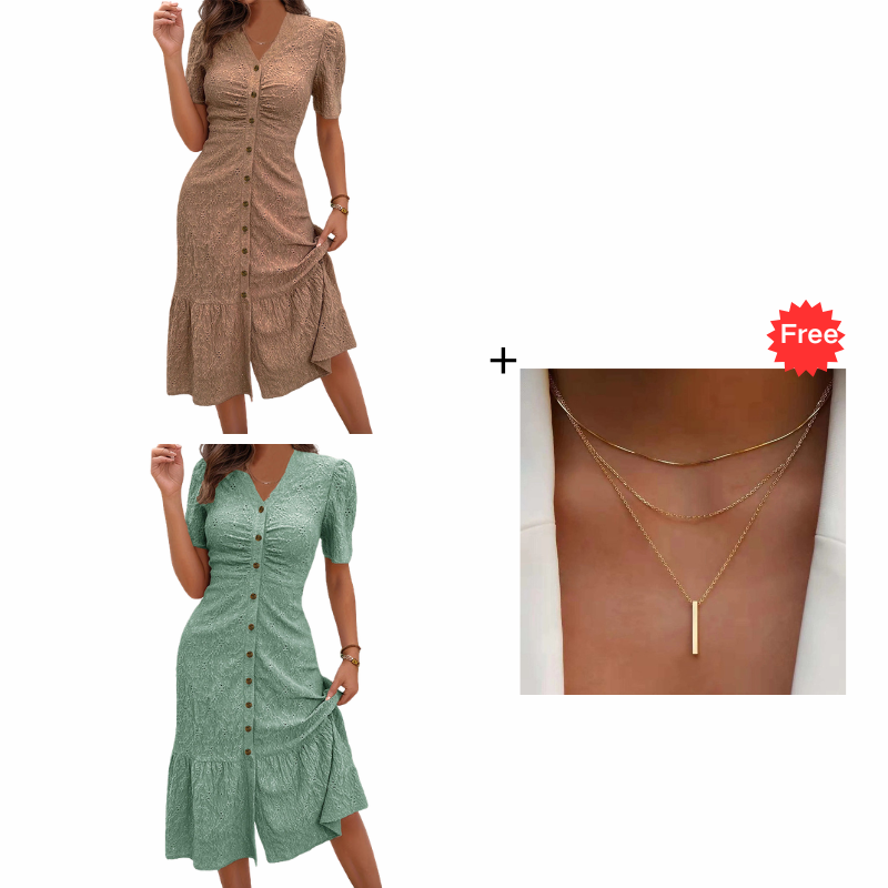 🔥LAST DAY 50% OFF🌞💃Women's Button-Up V-Neck Short Sleeve Midi Dress