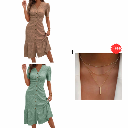 🔥LAST DAY 50% OFF🌞💃Women's Button-Up V-Neck Short Sleeve Midi Dress