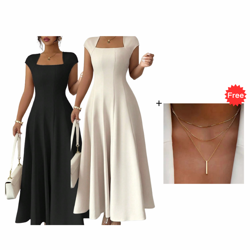 ⌛Limited-Time Offer-Women Elegant Square Neck A Line Dress Slim Fit Long Dress