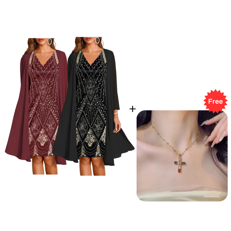 🔥Limited-Time Offer-Women's Long-Sleeve Printed Dress & Cardigan 2 Piece Set