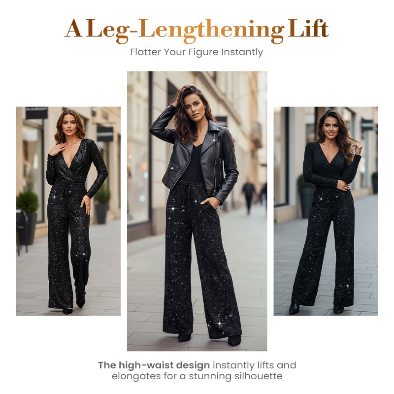 💖LAST DAY SALE 50% OFF🥰Women's Sequin Sparkle Wide Leg Pants with Elastic Waistband