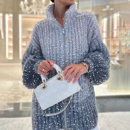 🎅Early Xmas Sales - 50% OFF🎄Fashion Sequin Full-Zipper Knit Sweater for Women - Free Shipping