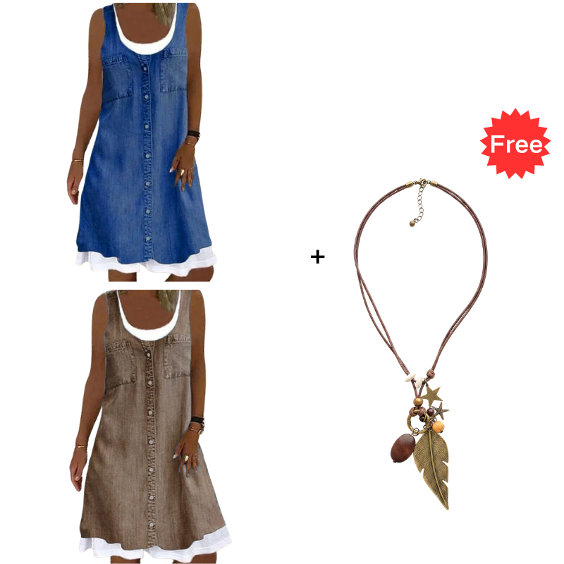 👗☀️Women's Faux Two-Piece Denim Print Dress - Throw It On And Look Instantly Put Together✨