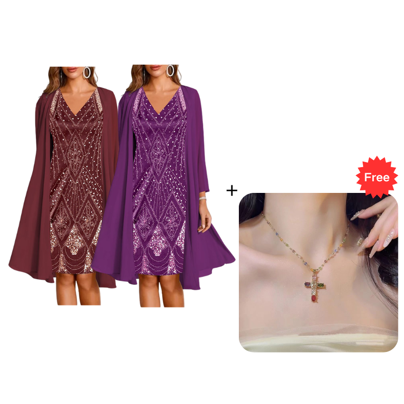 🔥Limited-Time Offer-Women's Long-Sleeve Printed Dress & Cardigan 2 Piece Set