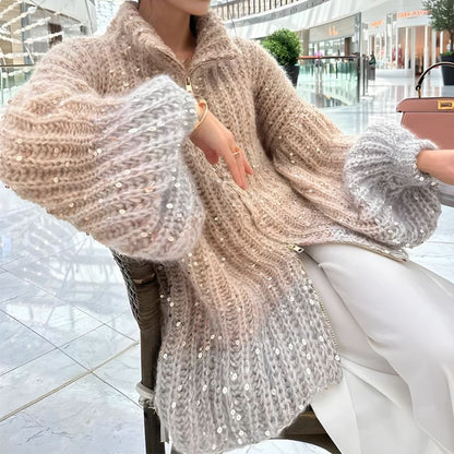 🎅Early Xmas Sales - 50% OFF🎄Fashion Sequin Full-Zipper Knit Sweater for Women - Free Shipping