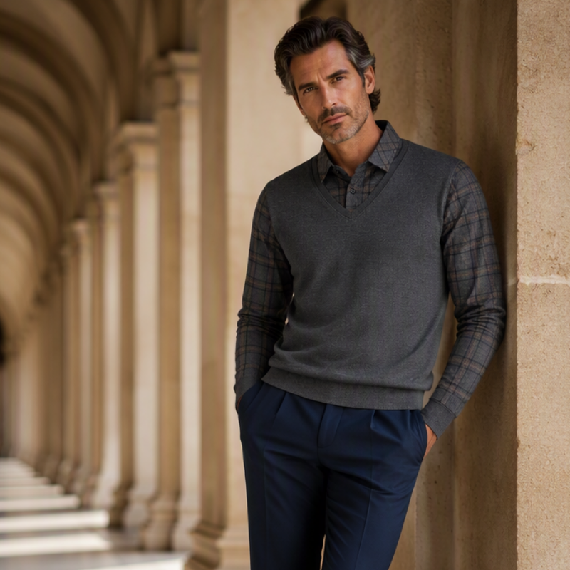 ✨ Timeless Comfort | Men's Plaid Layered-Look Knit Top