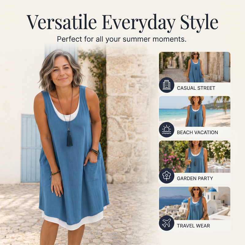⏰Last Day Sale 50% Off💃Women's Casual Loose Sleeveless Fake Two Piece Tank Dress