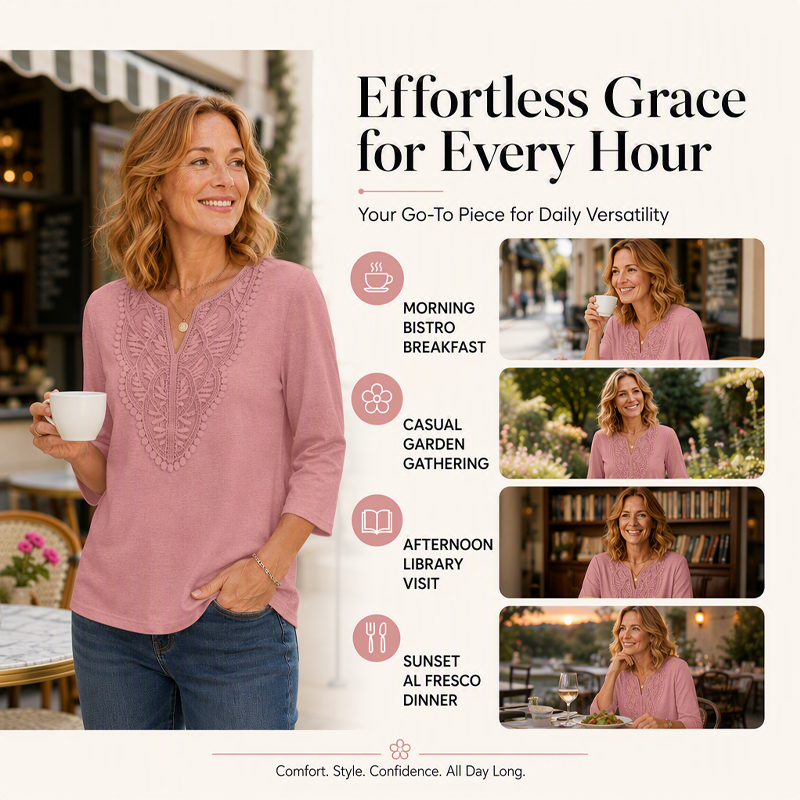 ☀️👚Top Pick - Lace-Trim V-Neck Blouse – Breathable Fabric & Flattering Drape for Work or Weekend 🌿