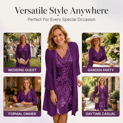 🔥Limited-Time Offer-Women's Long-Sleeve Printed Dress & Cardigan 2 Piece Set
