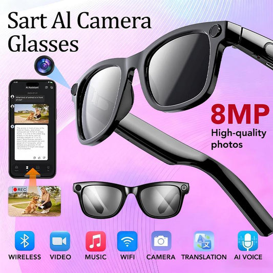 AI smart glasses with ChatGPT, 8 MP camera and HD 1200P 4K video recording, real-time translation in over 160 languages, Bluetooth 5.4, HiFi audio and music control, smart sunglasses with video recording for on the go