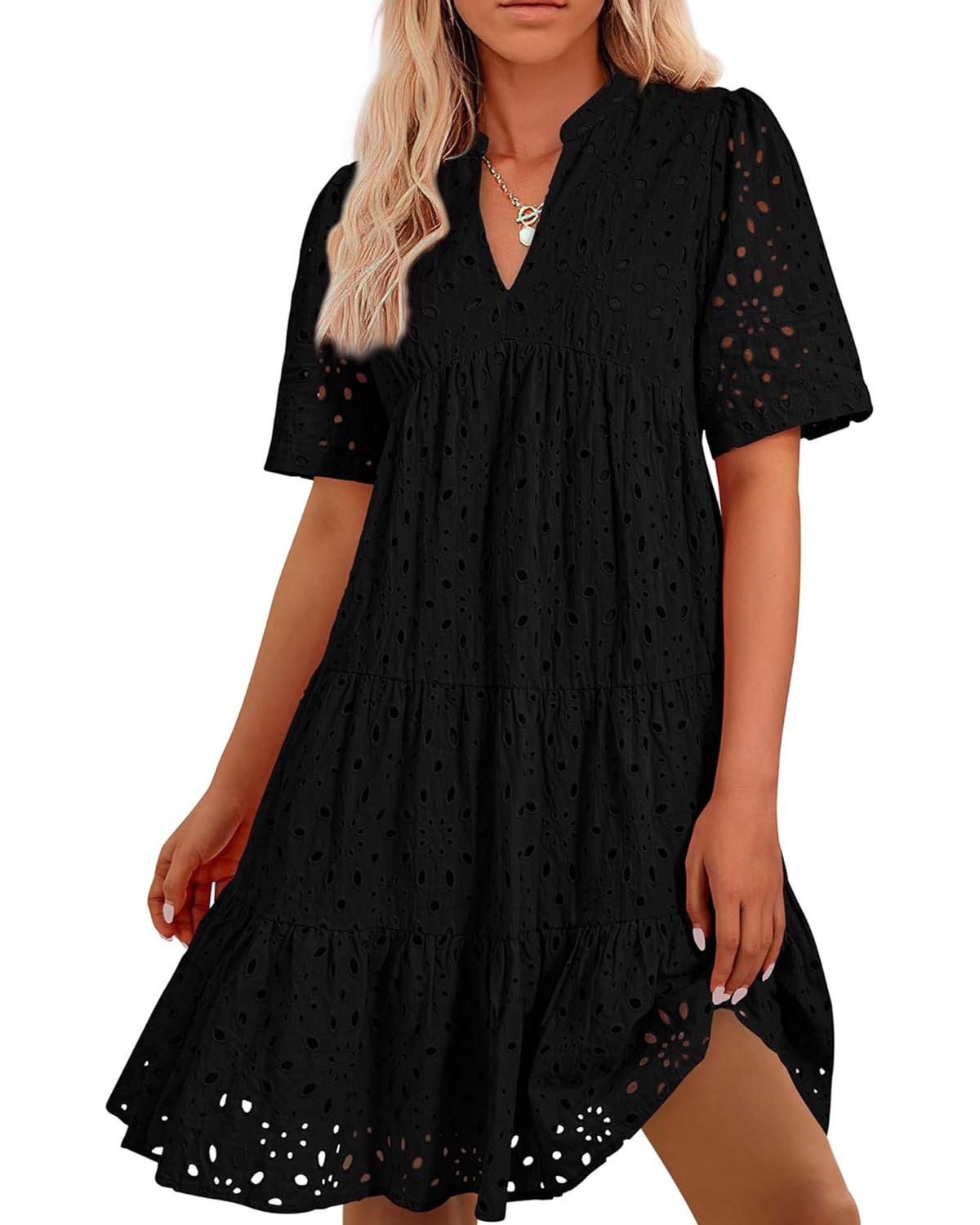 ⏰2025 Hot Sale -Women's Elegant Hollow Out Lace Ruffle Casual Mini Dress