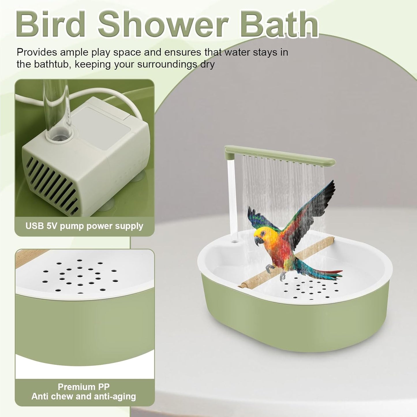 Automatic Bird Bath Shower with Faucet, USB-Powered Bird Bathtub for Bird