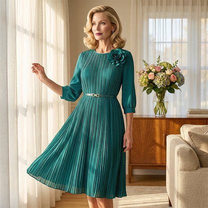 🔥🎁New arrival 50% OFF💥Women's 3/4 Sleeve Pleated Midi Dress with Belt