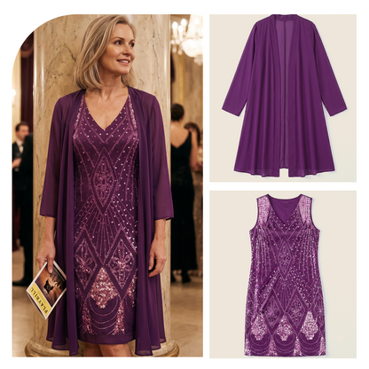 🔥Limited-Time Offer-Women's Long-Sleeve Printed Dress & Cardigan 2 Piece Set