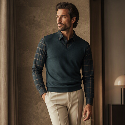 ✨ Timeless Comfort | Men's Plaid Layered-Look Knit Top