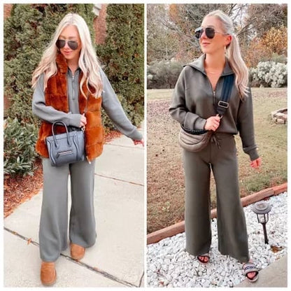 💝🔥Limited Time Sale-50% OFF🔥🎀Women's Oversized Half Zip Wide Leg 2 Piece Outfits Lounge Set