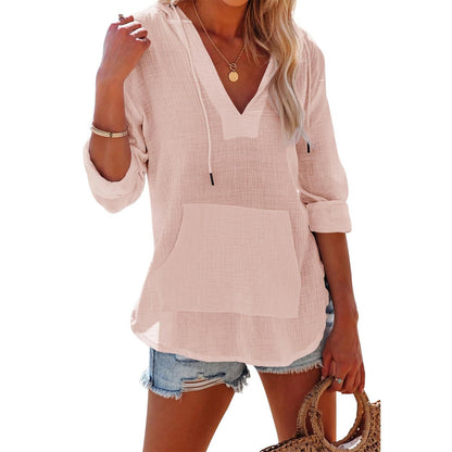 ⏰Limited Time Sale-50% OFF🏖️Women's Oversized Hooded Beach Cover Up - Long Sleeve V-Neck Pocket Shirt