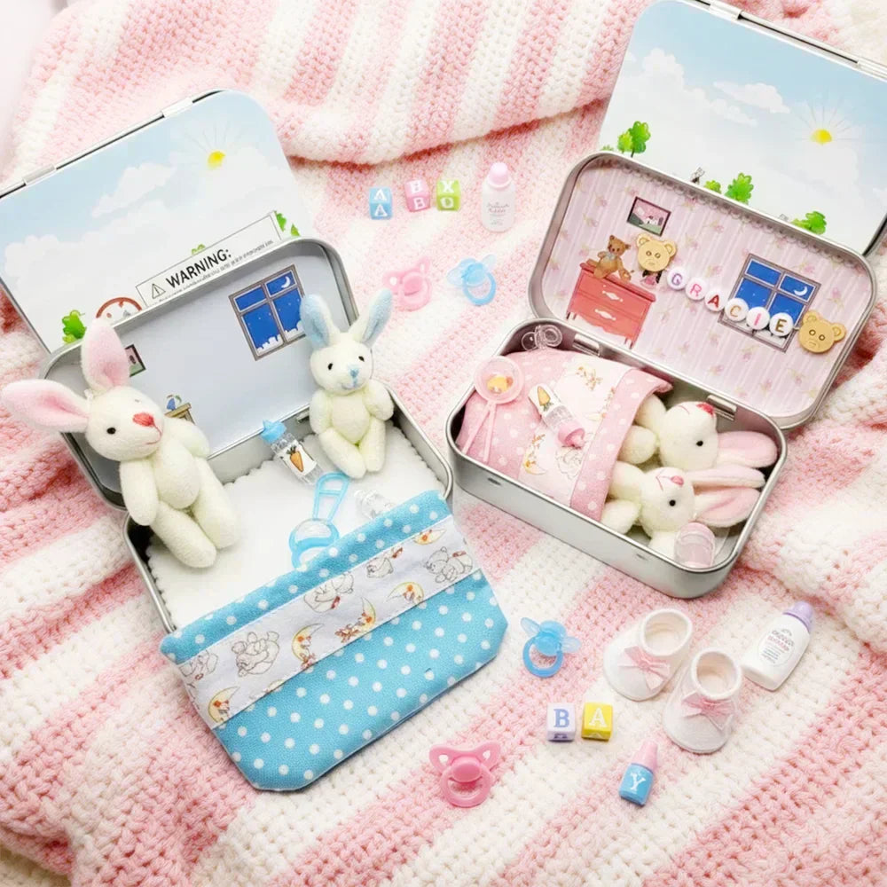 💎 50% OFF! 💎 Bunny Mummy & Baby Plush Pocket Tin – Handmade Easter Collectible with Cozy Blanket (Pink/Blue Ears) 🐇🎁