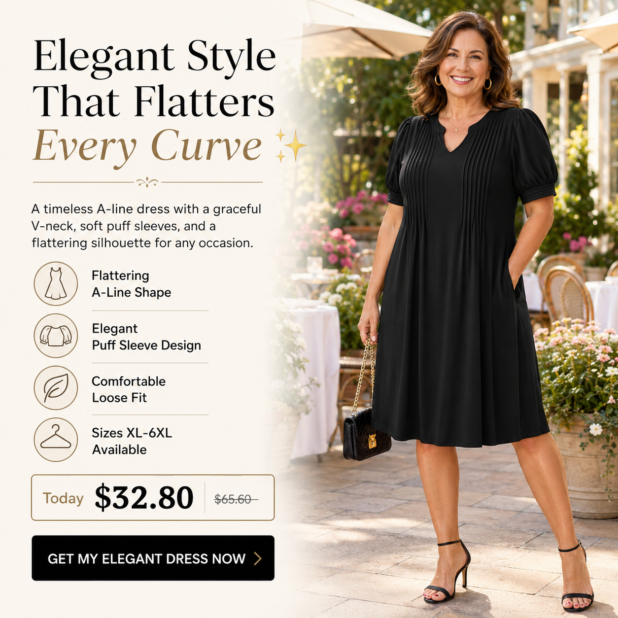 Elegant Style That Flatters Every Curve ✨A timeless A-line dress designed with a graceful V-neck, soft puff sleeves, and a flattering silhouette that makes you feel confident for any occasion.