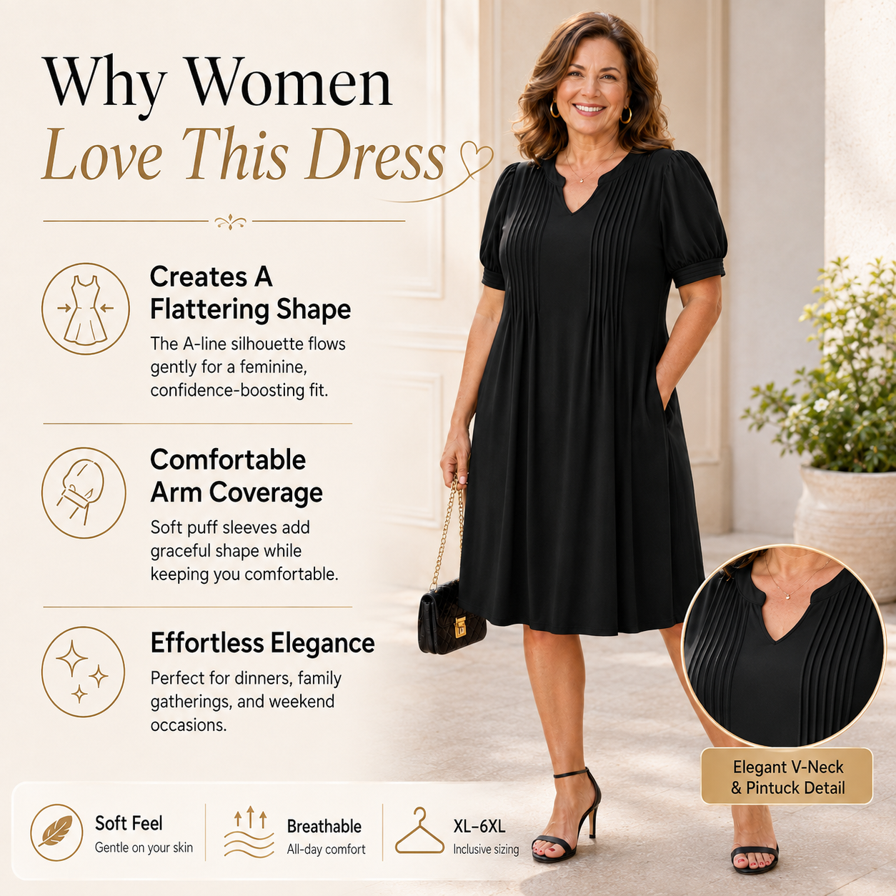 Elegant Style That Flatters Every Curve ✨A timeless A-line dress designed with a graceful V-neck, soft puff sleeves, and a flattering silhouette that makes you feel confident for any occasion.
