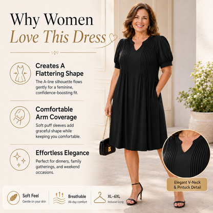 Elegant Style That Flatters Every Curve ✨A timeless A-line dress designed with a graceful V-neck, soft puff sleeves, and a flattering silhouette that makes you feel confident for any occasion.