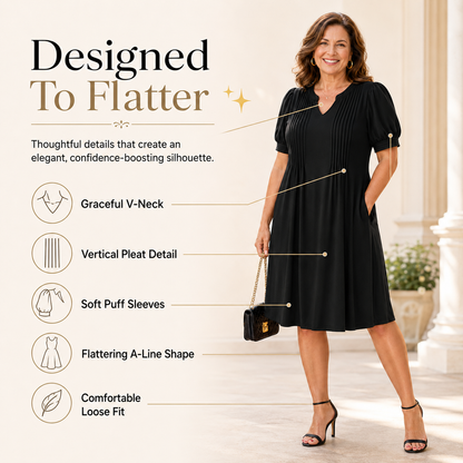 Elegant Style That Flatters Every Curve ✨A timeless A-line dress designed with a graceful V-neck, soft puff sleeves, and a flattering silhouette that makes you feel confident for any occasion.