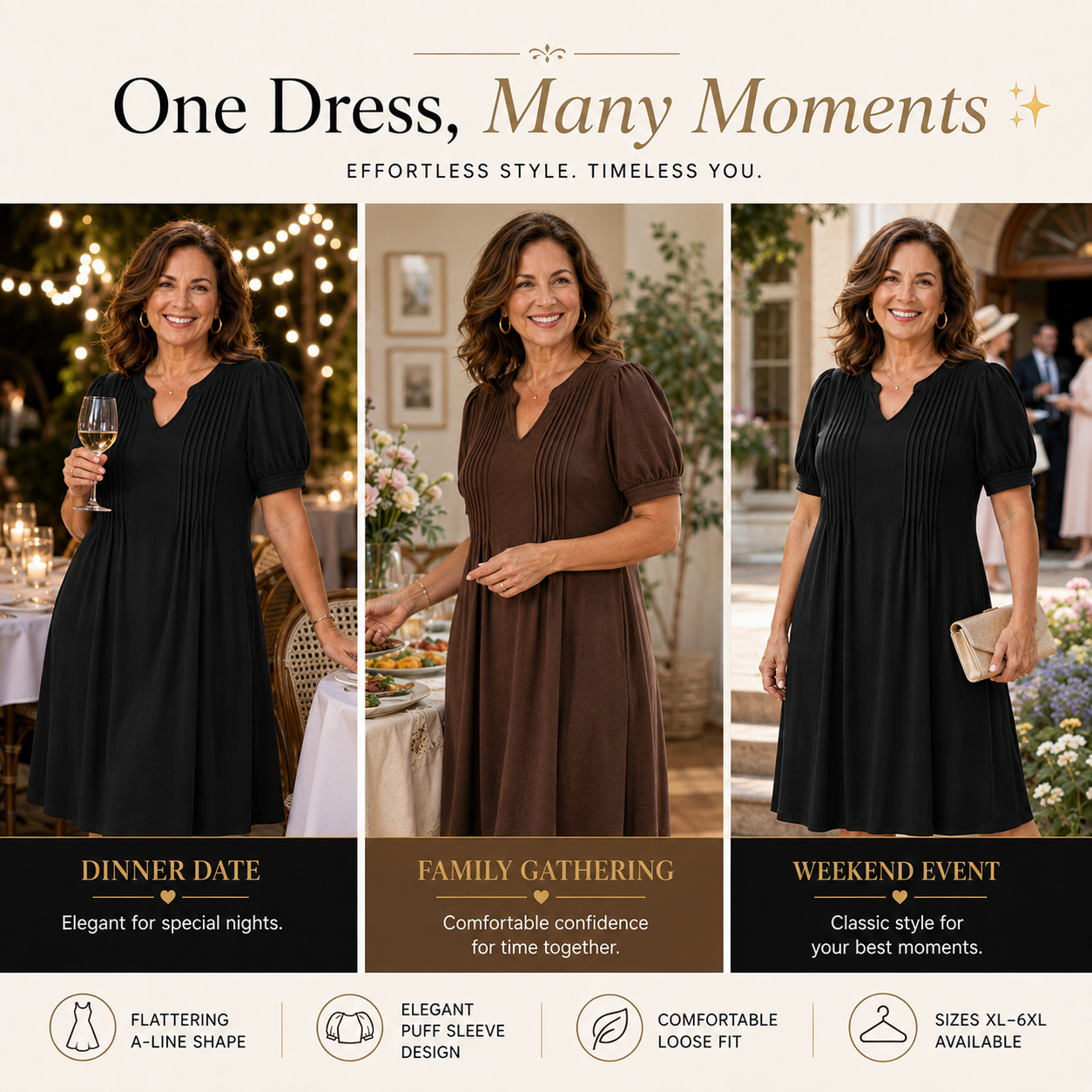 Elegant Style That Flatters Every Curve ✨A timeless A-line dress designed with a graceful V-neck, soft puff sleeves, and a flattering silhouette that makes you feel confident for any occasion.