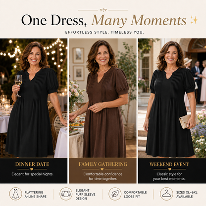 Elegant Style That Flatters Every Curve ✨A timeless A-line dress designed with a graceful V-neck, soft puff sleeves, and a flattering silhouette that makes you feel confident for any occasion.